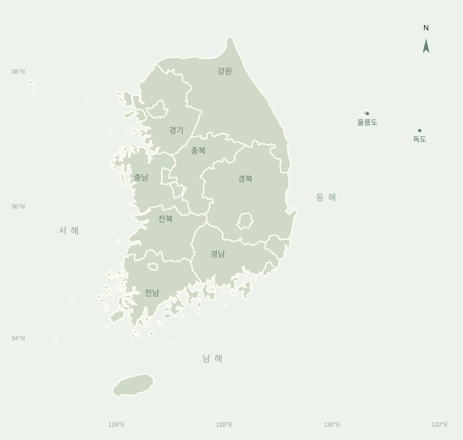 실제 지리 데이터 기반 대한민국 17개 시도 경계 지도. 제주와 울릉도를 실제 위치에 표시하고 독도는 공식 좌표의 점으로 표시합니다.