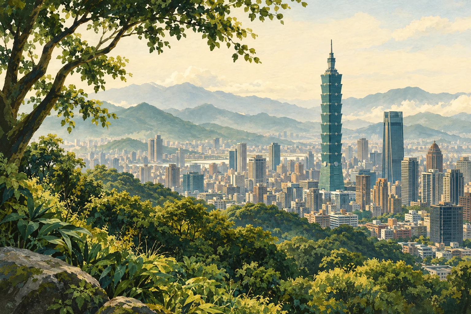 타이베이 도심과 주변 산을 표현한 AI 생성 일러스트
